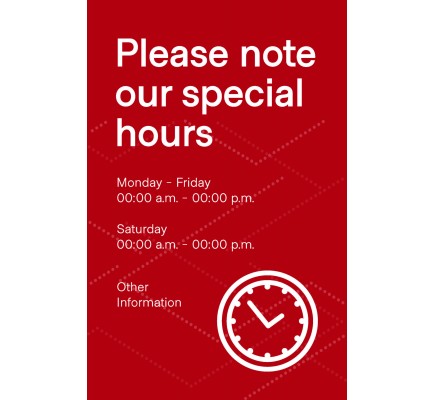 Special Hours Poster 18" x 24" Red Pack of 6 